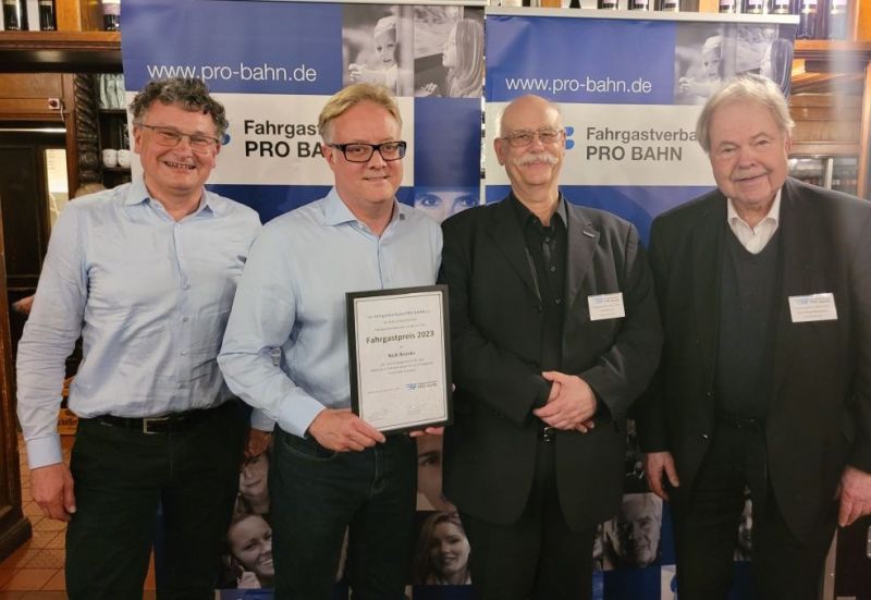 From left to right: Martin Pogatzki (Chair of PRO BAHN Berlin), Nick Brooks (Secretary General of ALLRAIL), Detlef Neuss (Chair of PRO BAHN) and Karl-Peter Naumann (Honourary Chair of PRO BAHN)